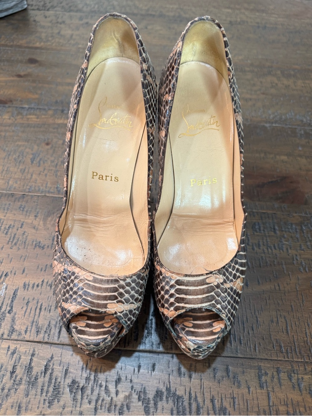Christian Louboutin Very Prive 120 Python Peep-Toe Pumps Brown size 38